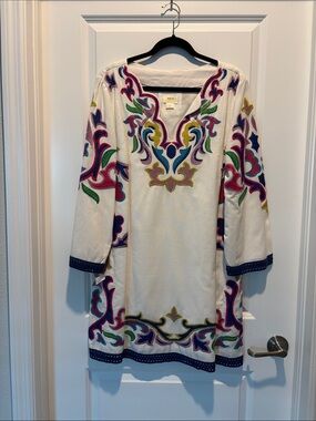 Anthropologie Off White Tunic Dress with Multicolor Embroidery
